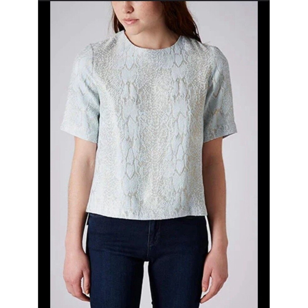 The Limited Animal Print Textured Light Blue Short Sleeve Blouse Size Medium
